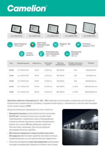 Прожектор светодиодный LFL-2004 C02 LED SMD 20Вт IP65 6500К 2000лм 230В 113х102х24 черн. Camelion 16330 фото 2