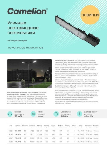 Светильник THL-1016 150Вт 5700К IP65 18000лм 220-240В 454х175х24 КСС "Ш" 1/5 НПВ уличный Camelion 16368 фото 5