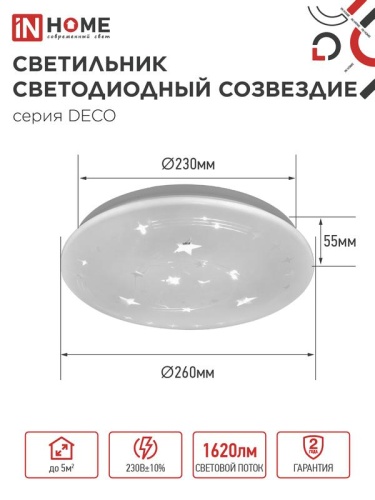 Светильник светодиодный DECO СОЗВЕЗДИЕ 18Вт 6500К 1620лм 230В 260х55мм IN HOME 4690612022239 фото 2