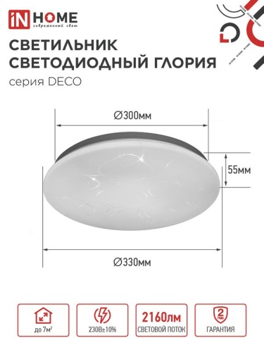 Светильник светодиодный DECO ГЛОРИЯ 24Вт 4000К 2160лм 230В 330х55мм IN HOME 4690612021904