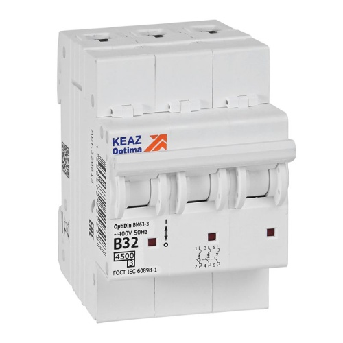 Выключатель автоматический модульный 3п B 32А 10кА OptiDin BM63-3B32-4.5-УХЛ3 КЭАЗ 329522
