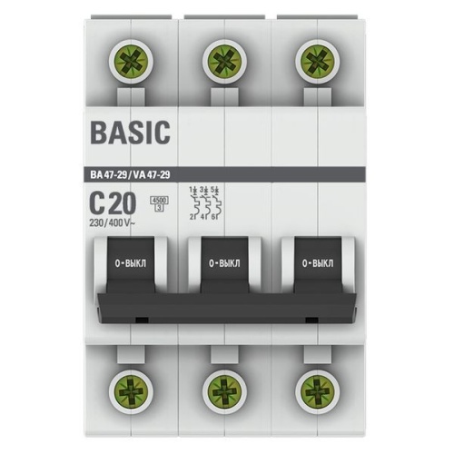 Выключатель автоматический модульный 3п C 20А 4.5кА ВА 47-29 Basic EKF mcb4729-3-20C фото 3